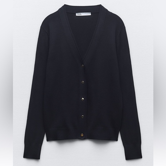 Zara Sweaters - ZARA Cardi Navy Blue Vneck Gold Button Cardigan Stetchy NWT